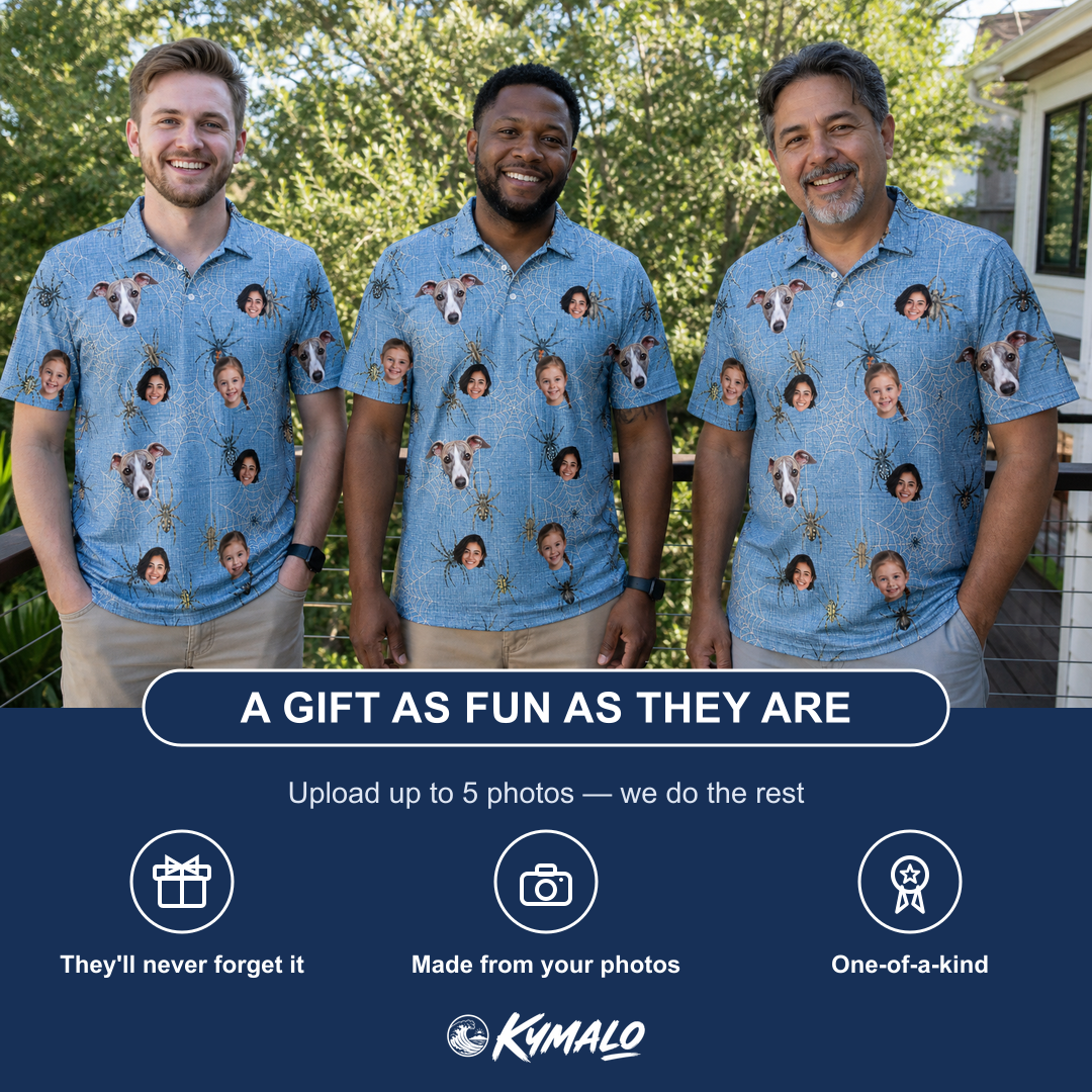 Friends in matching Men's Scuttle Sideshow Custom Face Polo Shirt — a group gift photo