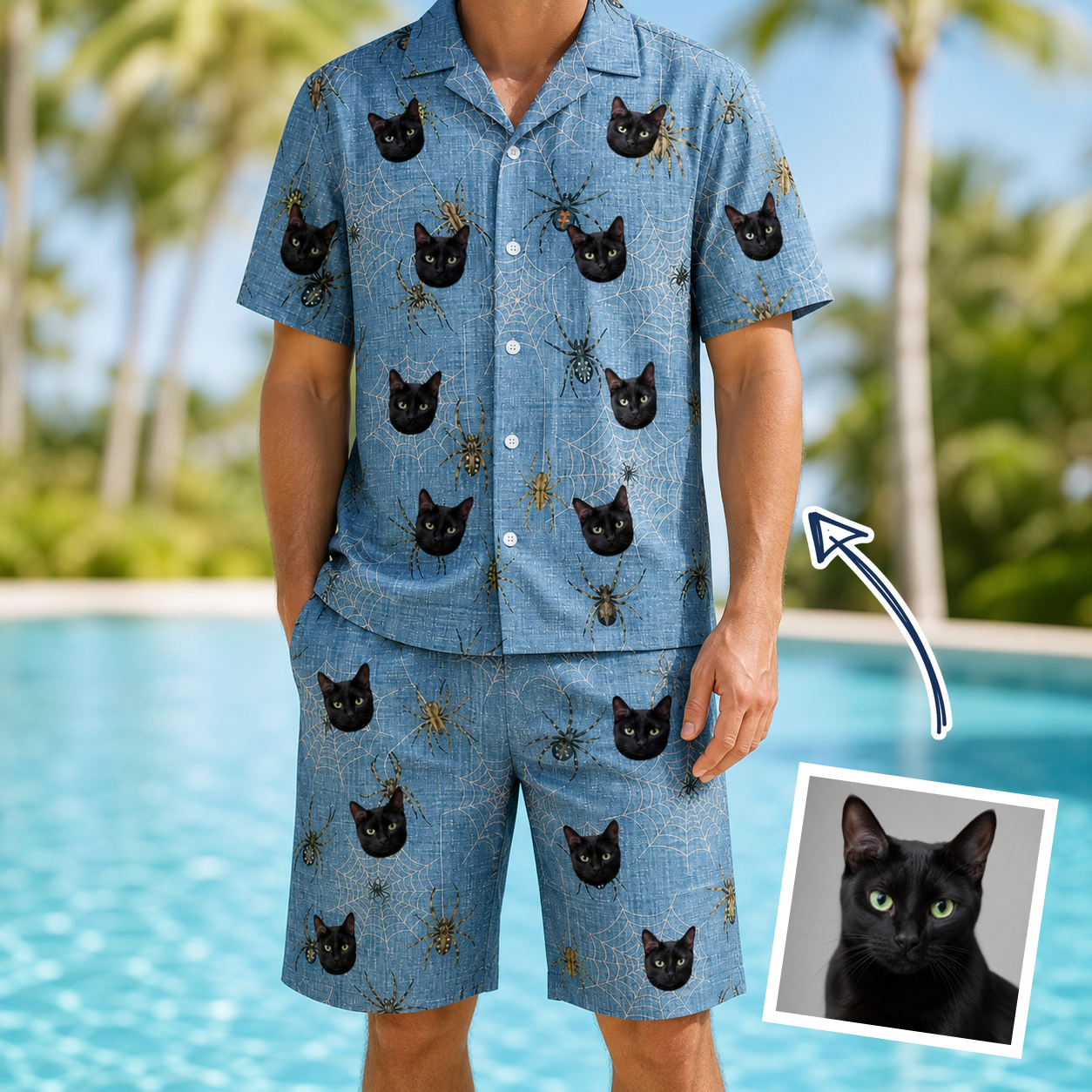 Man wearing Men's Scuttle Sideshow Custom Cat Face Shirt & Shorts Set — custom faces printed all-over