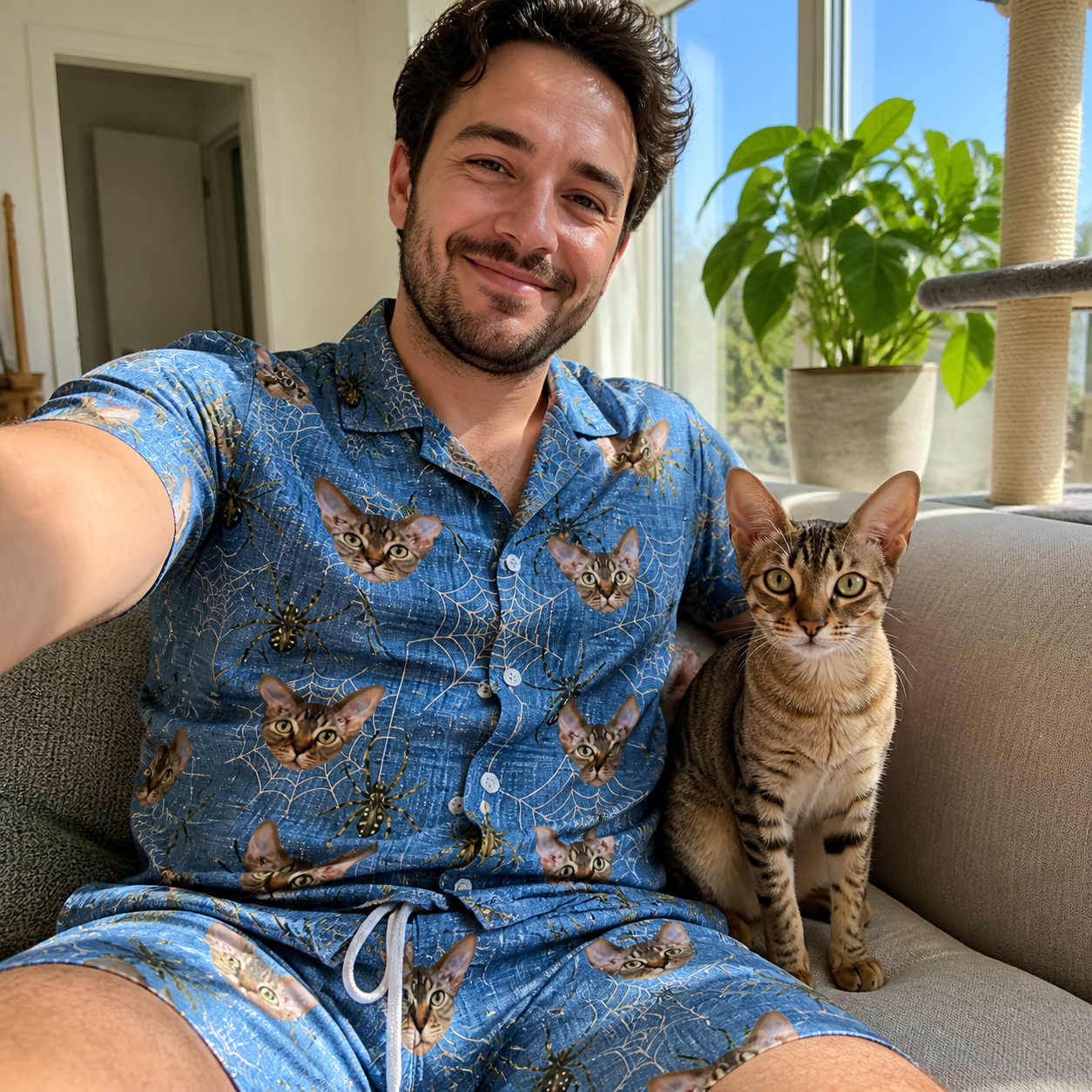 Selfie with the pet whose face is printed all over this Men's Scuttle Sideshow Custom Cat Face Shirt & Shorts Set