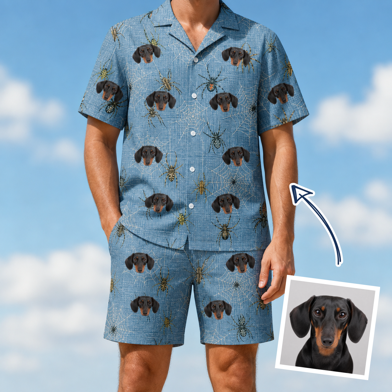 Man wearing Men's Scuttle Sideshow Custom Dog Face Shirt & Shorts Set — custom faces printed all-over