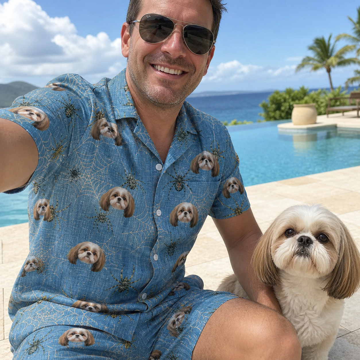 Selfie with the pet whose face is printed all over this Men's Scuttle Sideshow Custom Dog Face Shirt & Shorts Set