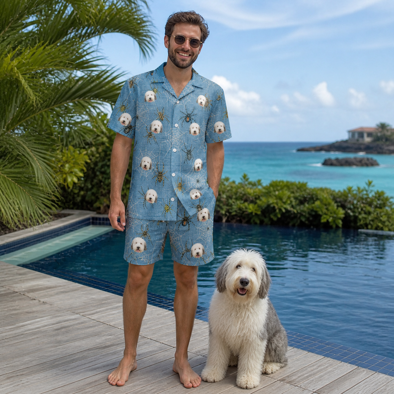 Full-length photo with the pet printed all over this Men's Scuttle Sideshow Custom Dog Face Shirt & Shorts Set