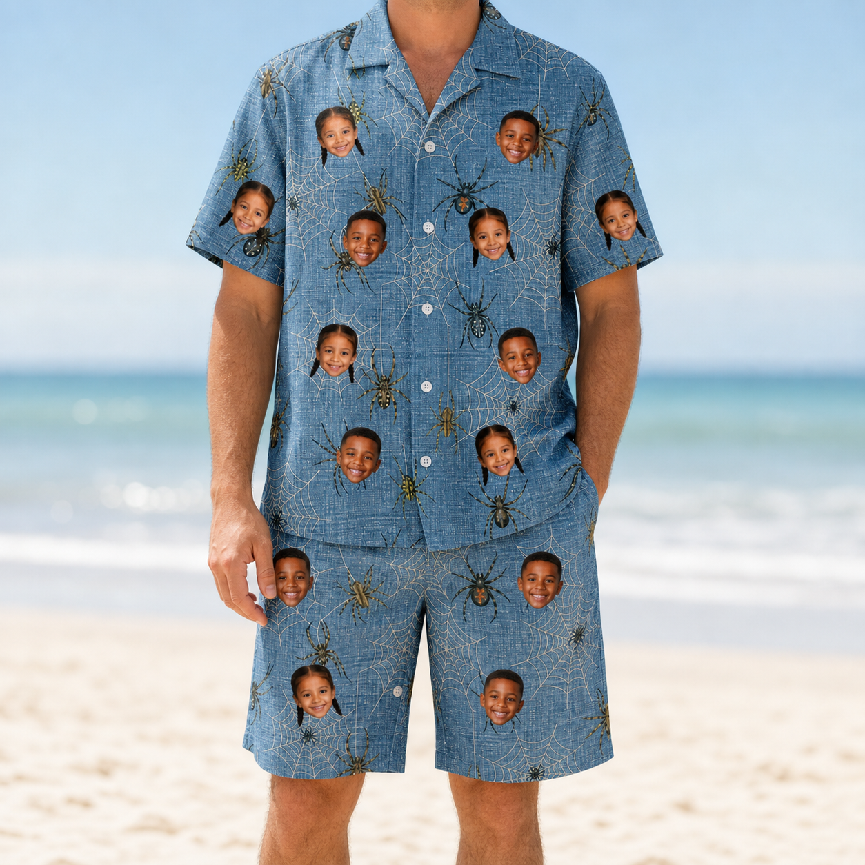Model wearing Men's Scuttle Sideshow Custom Face Shirt & Shorts Set printed with kids' faces