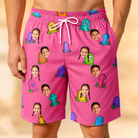 Model wearing Men's Slab Snickers Custom Face Beach Shorts printed with kids' faces