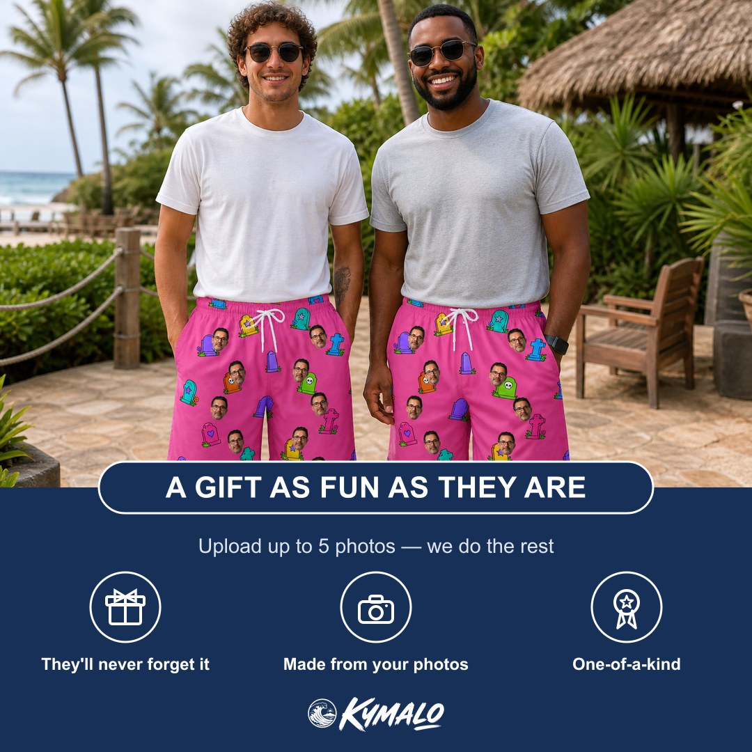 Friends in matching Men's Slab Snickers Custom Face Beach Shorts — a group gift photo