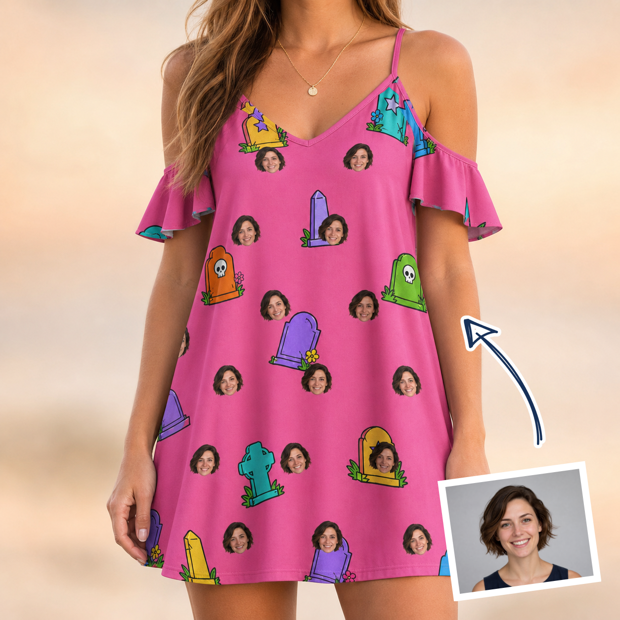 Woman wearing Women's Slab Snickers Custom Face Off-Shoulder Dress — custom faces printed all-over