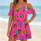 Model wearing Women's Slab Snickers Custom Face Off-Shoulder Dress printed with kids' faces