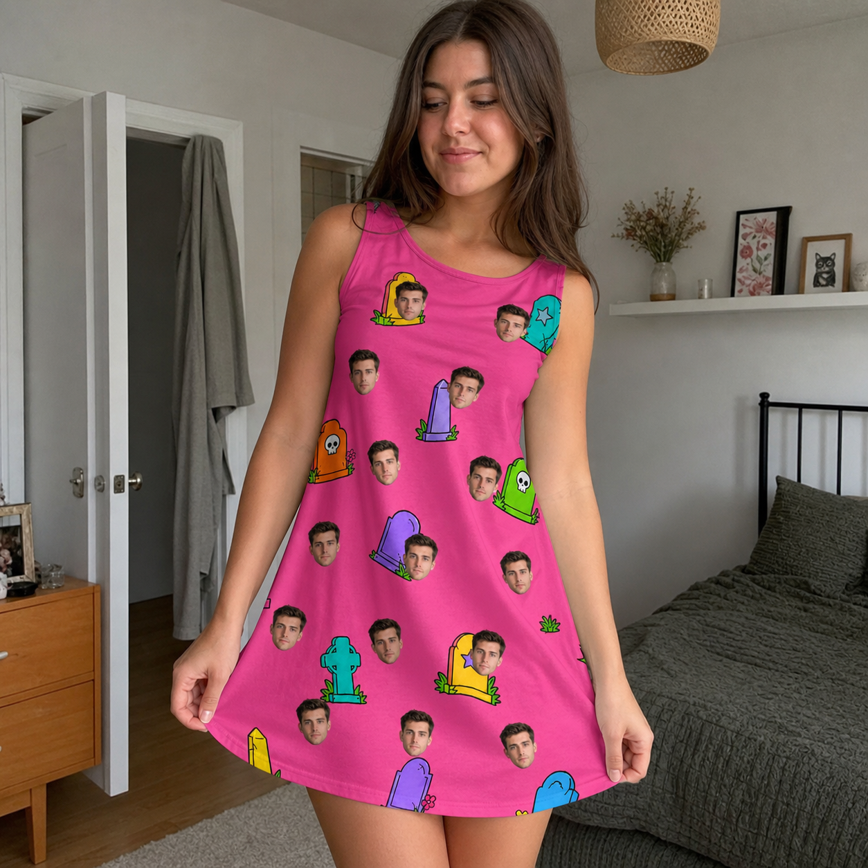Real-life photo of someone wearing Women's Slab Snickers Custom Face Tank Dress — custom faces printed all-over