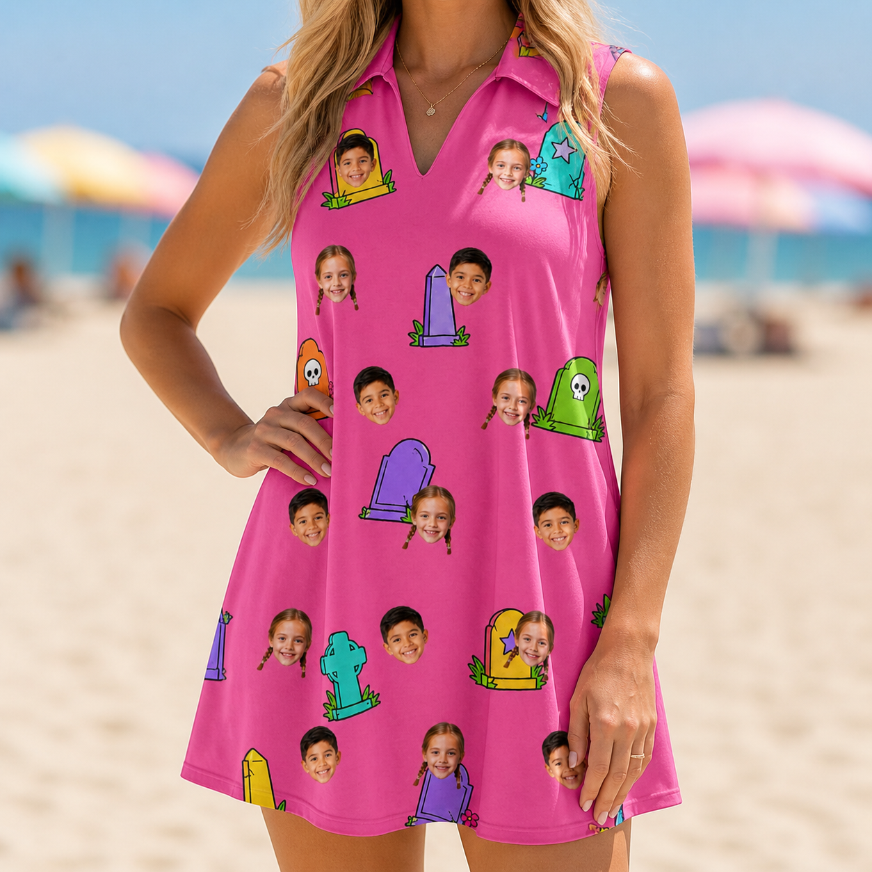 Model wearing Women's Slab Snickers Custom Face V-Neck Dress printed with kids' faces