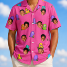 Model wearing Men's Slab Snickers Custom Face Hawaiian Shirt printed with kids' faces