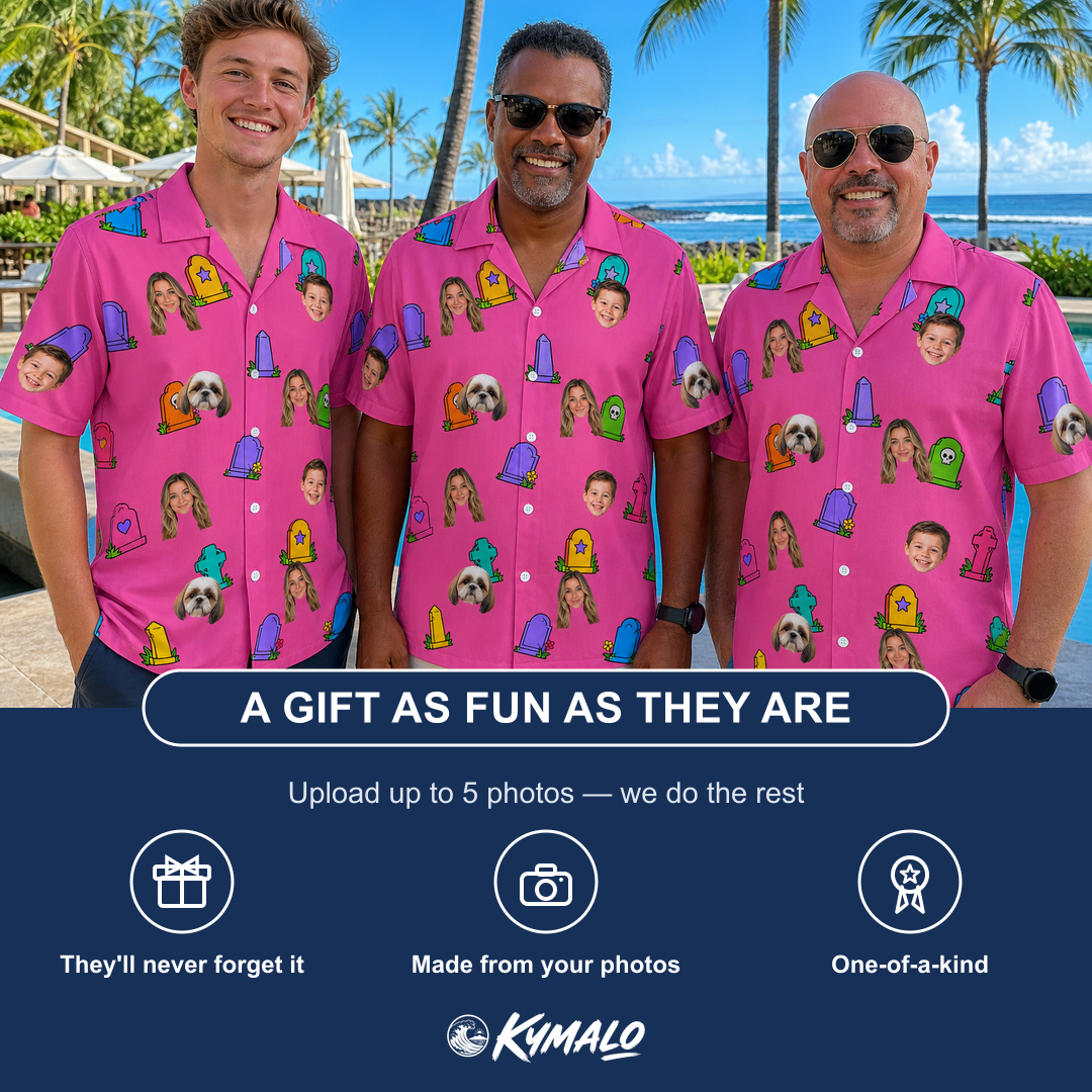 Friends in matching Men's Slab Snickers Custom Face Hawaiian Shirt — a group gift photo