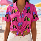 Woman wearing Women's Slab Snickers Custom Face Hawaiian Shirt tied at the waist