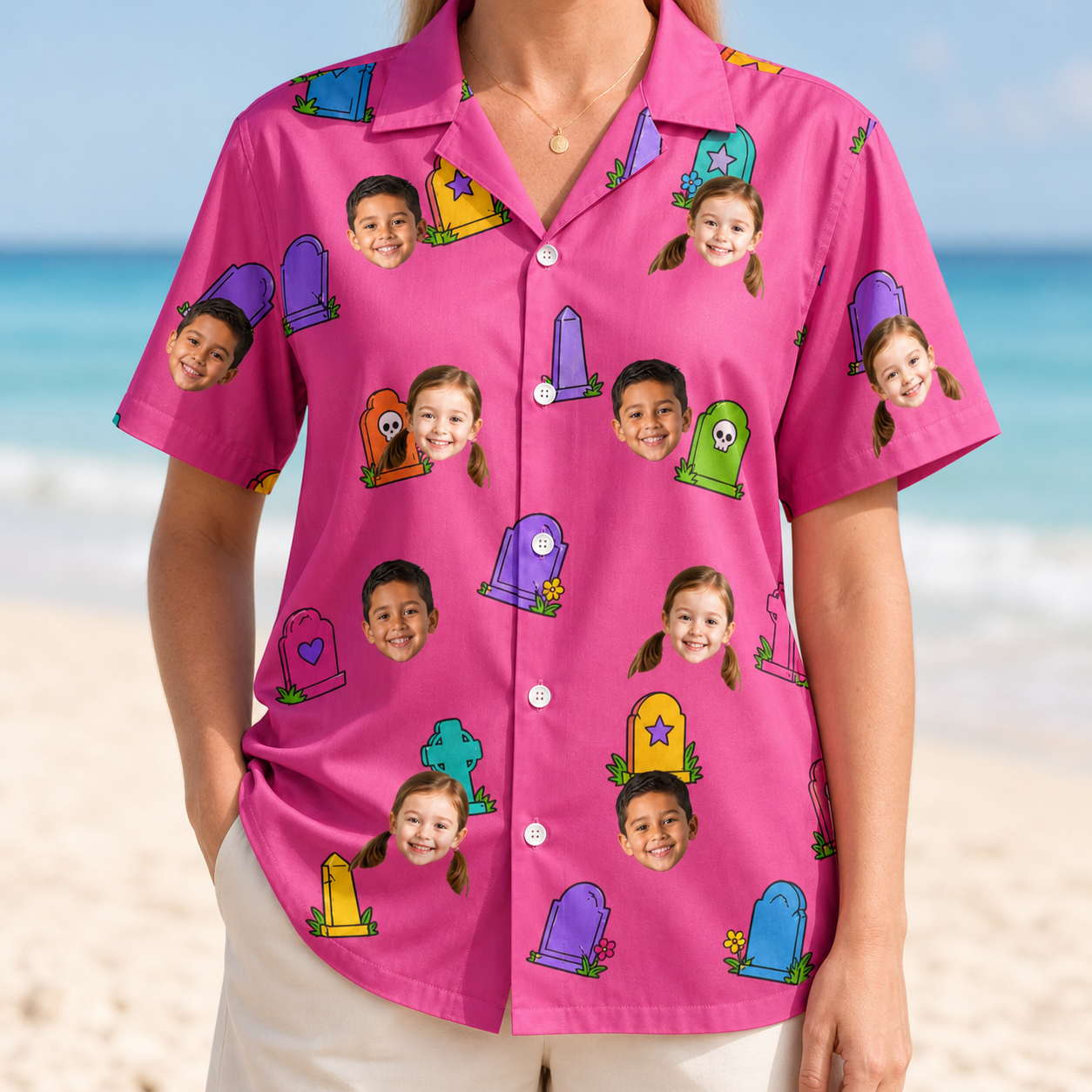 Model wearing Women's Slab Snickers Custom Face Hawaiian Shirt printed with kids' faces
