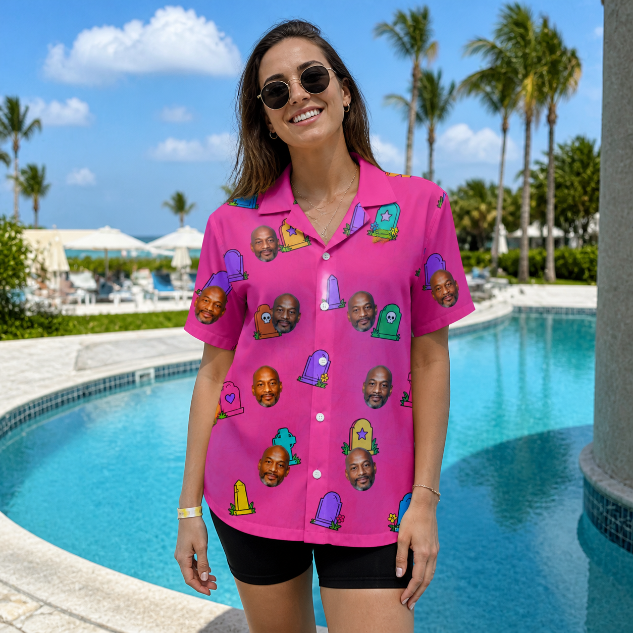 Real-life photo of someone wearing Women's Slab Snickers Custom Face Hawaiian Shirt — custom faces printed all-over