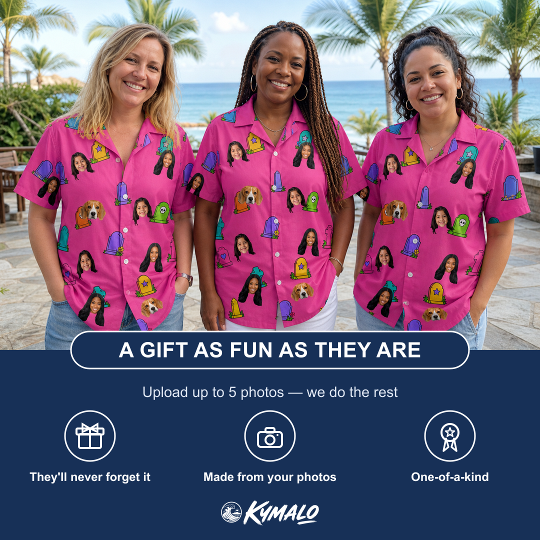 Friends in matching Women's Slab Snickers Custom Face Hawaiian Shirt — a group gift photo