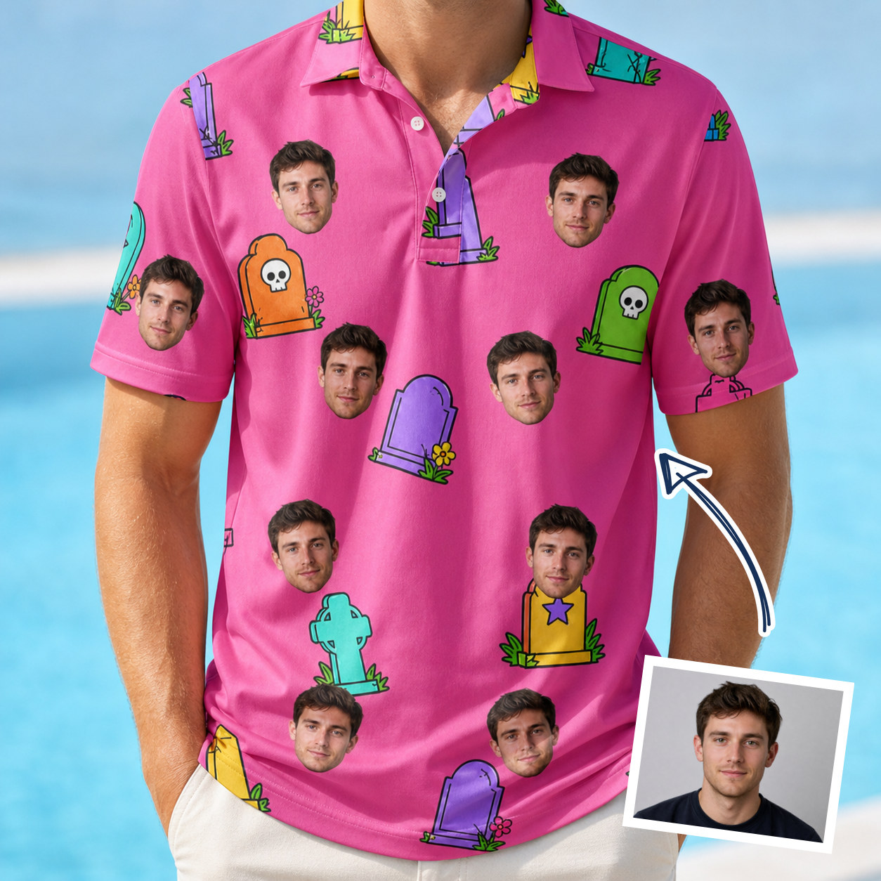 Man wearing Men's Slab Snickers Custom Face Polo Shirt — custom faces printed all-over