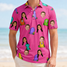 Model wearing Men's Slab Snickers Custom Face Polo Shirt printed with kids' faces