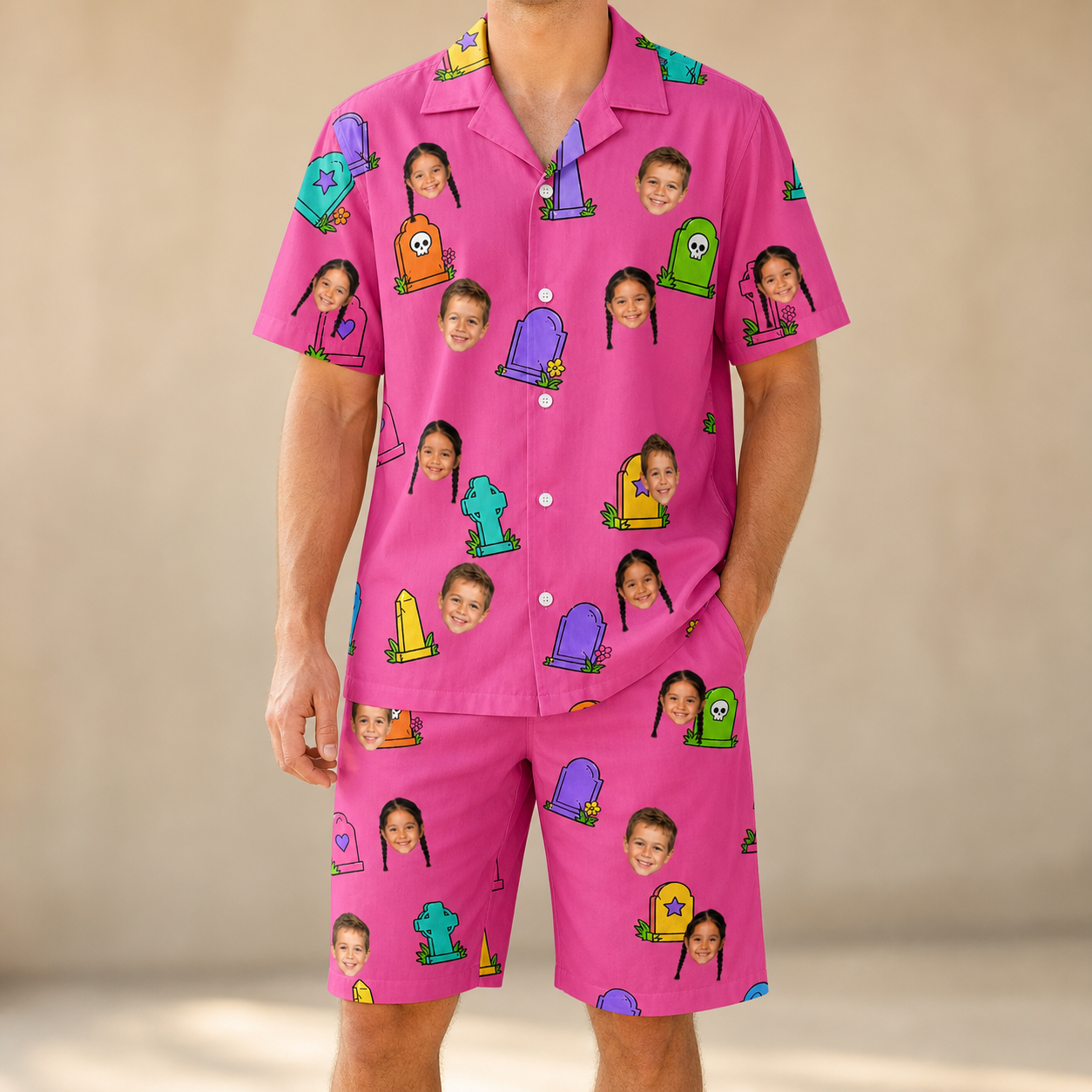 Model wearing Men's Slab Snickers Custom Face Shirt & Shorts Set printed with kids' faces