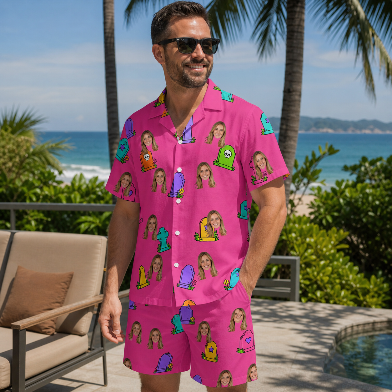 Real-life photo of someone wearing Men's Slab Snickers Custom Face Shirt & Shorts Set — custom faces printed all-over