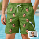 Man wearing Men's Chitin Chicanery Custom Face Beach Shorts — custom faces printed all-over