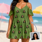 Woman wearing Women's Chitin Chicanery Custom Face Off-Shoulder Dress — custom faces printed all-over