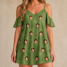 Model wearing Women's Chitin Chicanery Custom Face Off-Shoulder Dress printed with kids' faces