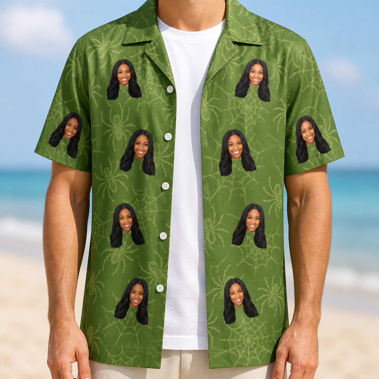 Man wearing Men's Chitin Chicanery Custom Face Hawaiian Shirt open over a white tee