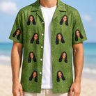 Man wearing Men's Chitin Chicanery Custom Face Hawaiian Shirt open over a white tee