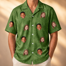Model wearing Men's Chitin Chicanery Custom Face Hawaiian Shirt printed with kids' faces