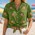 Woman wearing Women's Chitin Chicanery Custom Face Hawaiian Shirt tied at the waist
