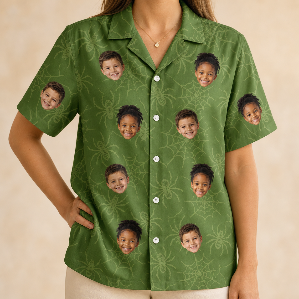 Model wearing Women's Chitin Chicanery Custom Face Hawaiian Shirt printed with kids' faces