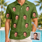 Man wearing Men's Chitin Chicanery Custom Face Polo Shirt — custom faces printed all-over