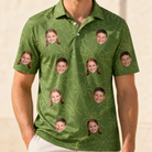 Model wearing Men's Chitin Chicanery Custom Face Polo Shirt printed with kids' faces