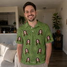 Real-life photo of someone wearing Men's Chitin Chicanery Custom Face Polo Shirt — custom faces printed all-over