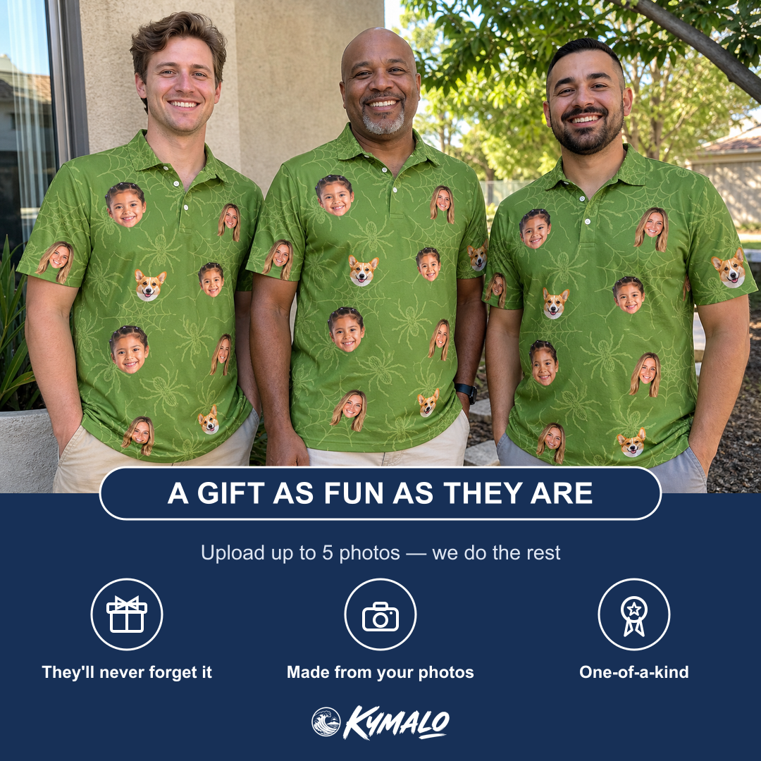 Friends in matching Men's Chitin Chicanery Custom Face Polo Shirt — a group gift photo