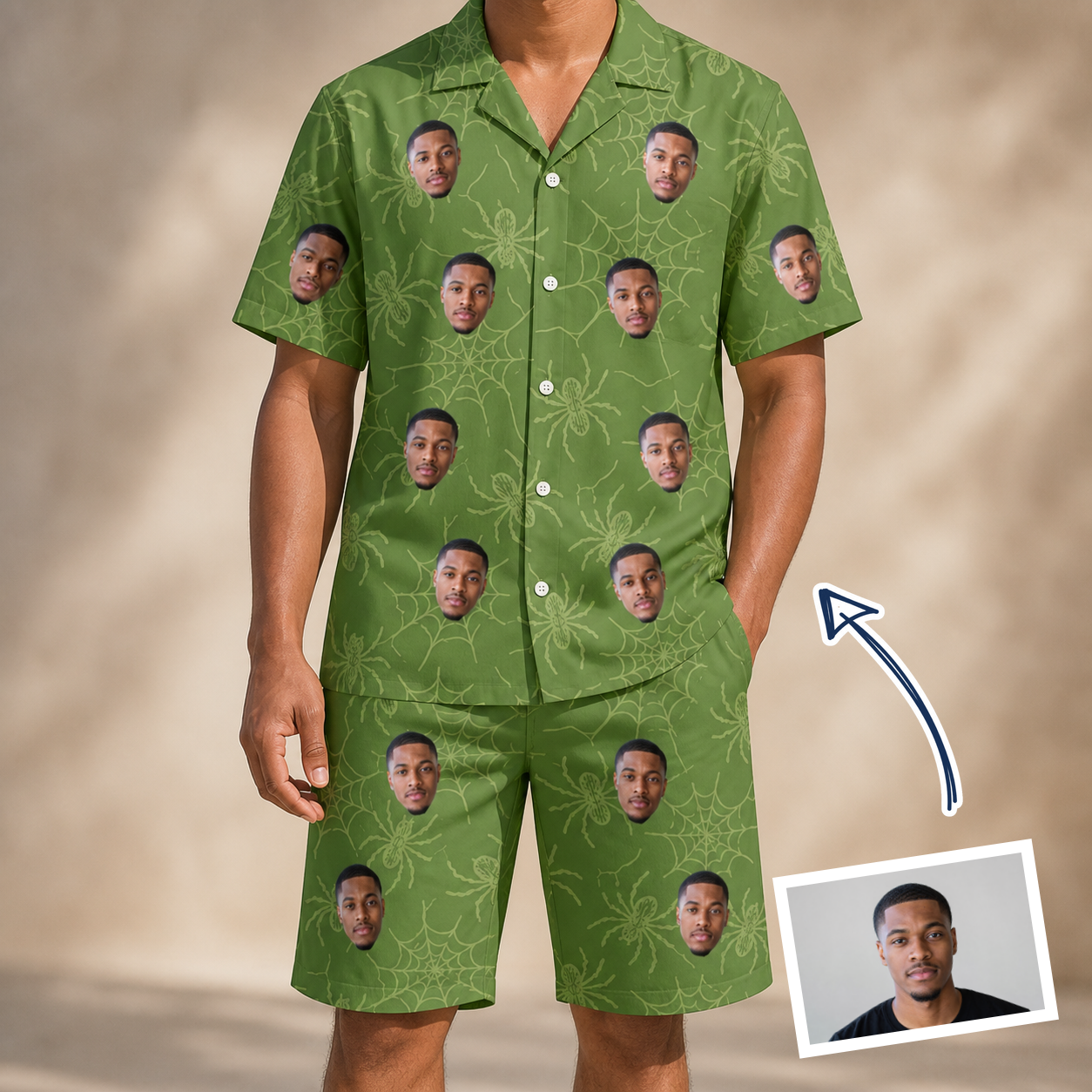 Man wearing Men's Chitin Chicanery Custom Face Shirt & Shorts Set — custom faces printed all-over