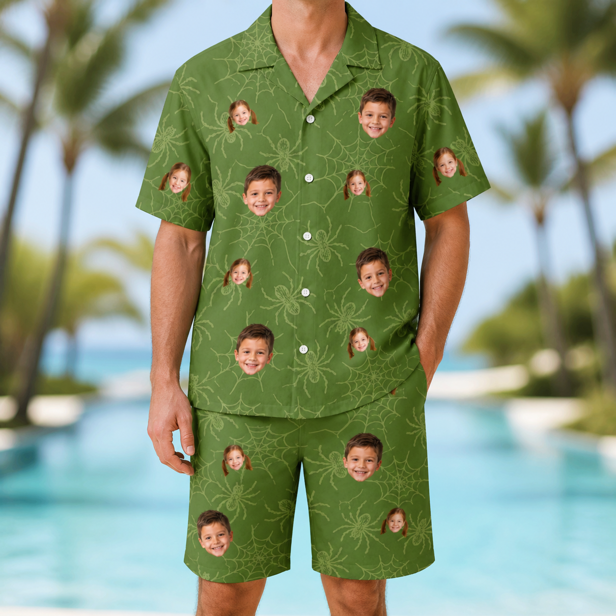 Model wearing Men's Chitin Chicanery Custom Face Shirt & Shorts Set printed with kids' faces