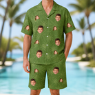 Model wearing Men's Chitin Chicanery Custom Face Shirt & Shorts Set printed with kids' faces