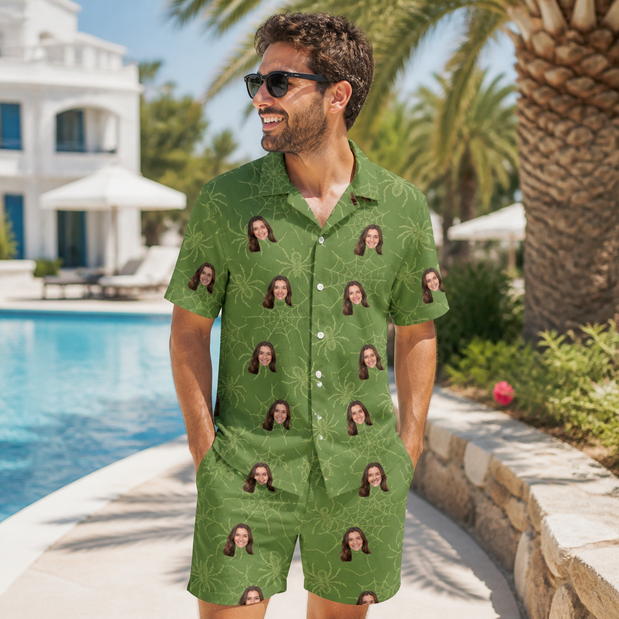 Real-life photo of someone wearing Men's Chitin Chicanery Custom Face Shirt & Shorts Set — custom faces printed all-over