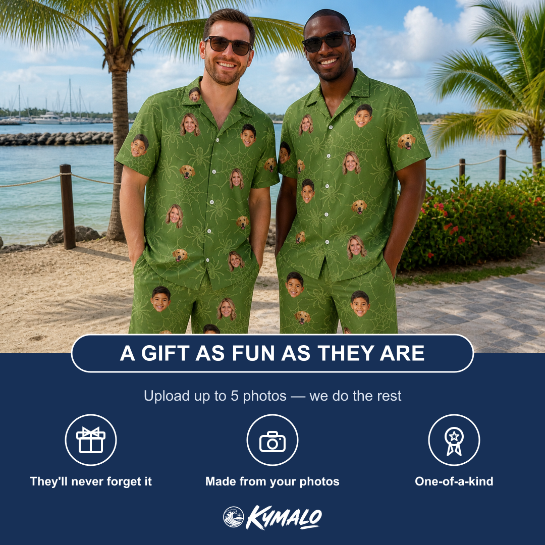 Friends in matching Men's Chitin Chicanery Custom Face Shirt & Shorts Set — a group gift photo