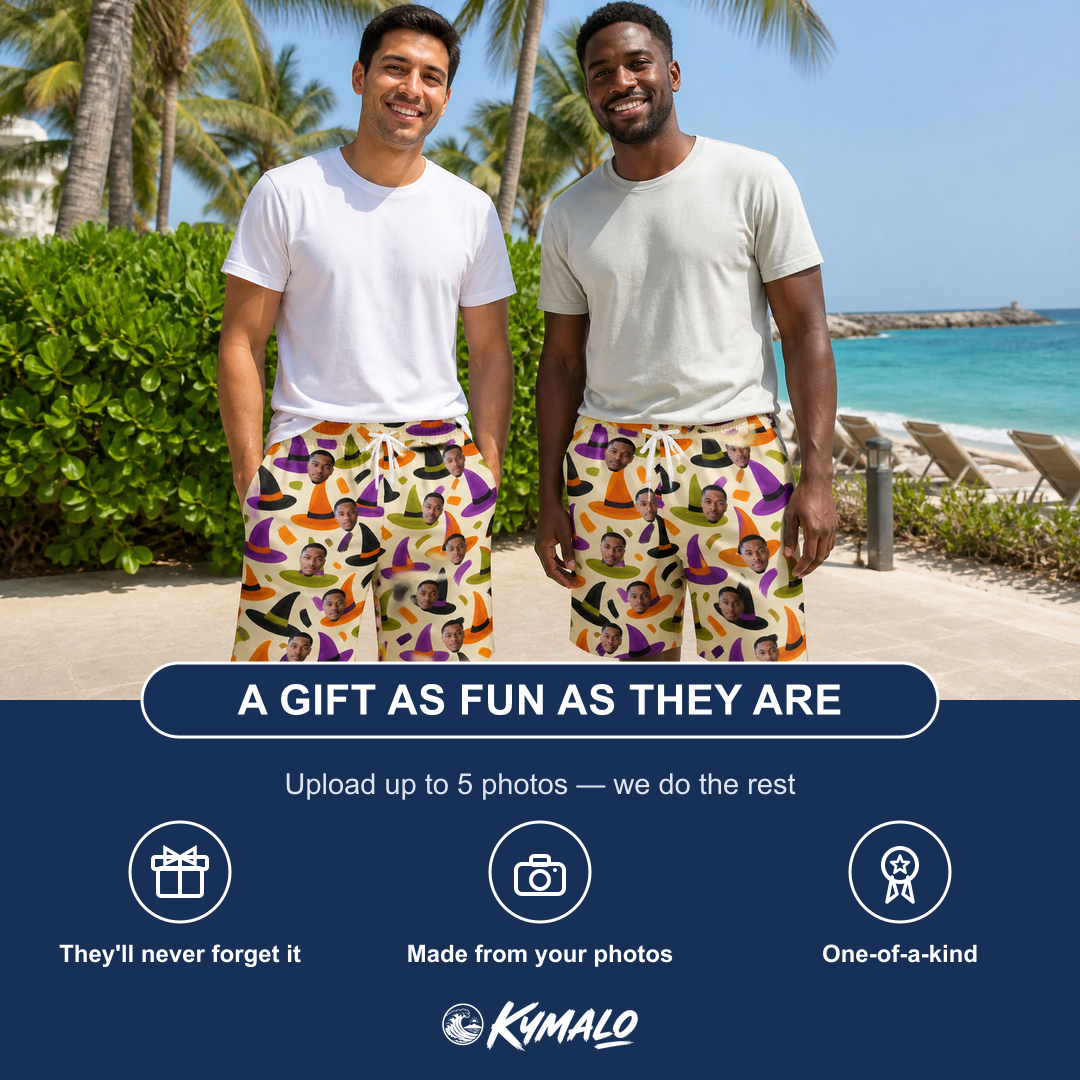 Friends in matching Men's Samhain Silhouettes Custom Face Beach Shorts — a group gift photo