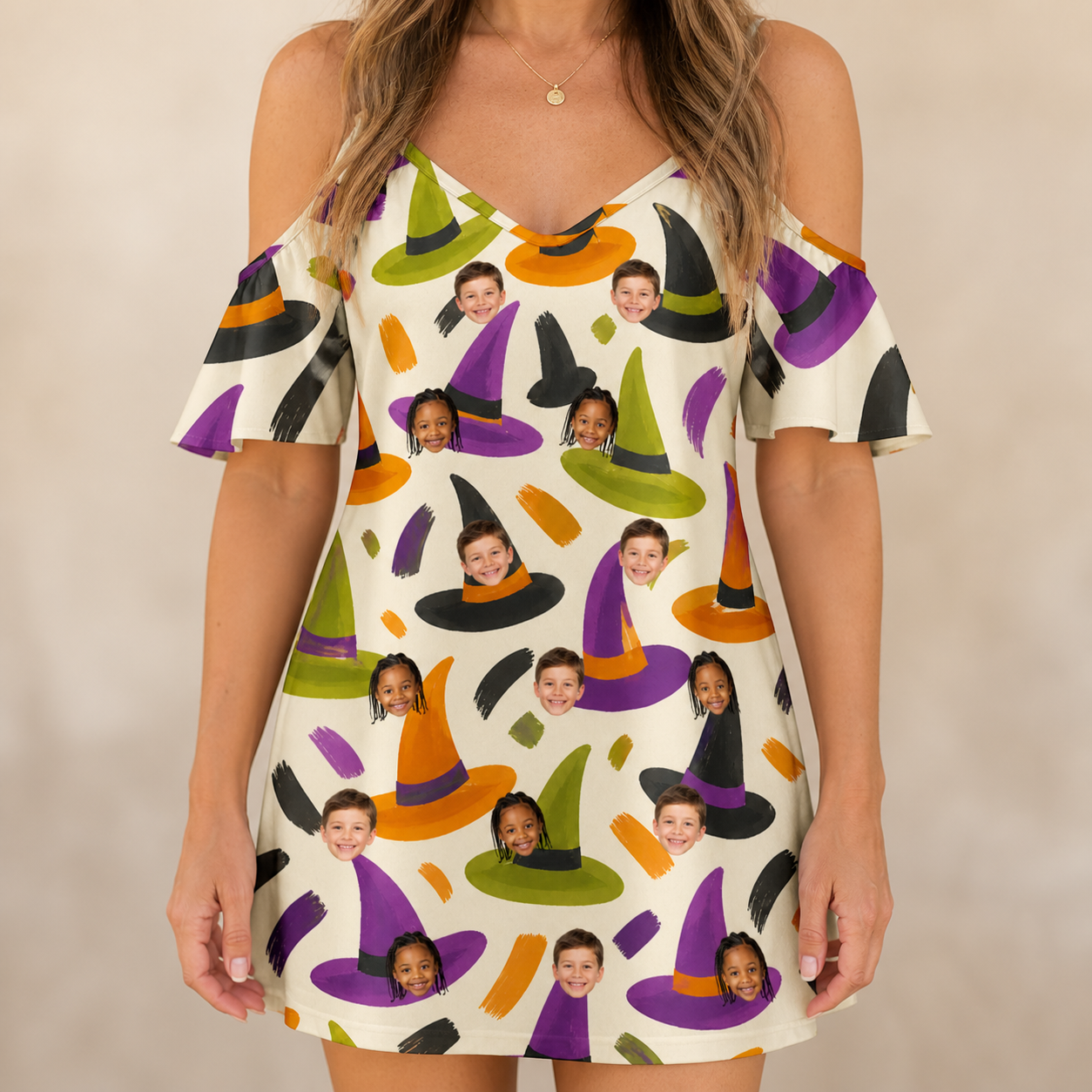 Model wearing Women's Samhain Silhouettes Custom Face Off-Shoulder Dress printed with kids' faces
