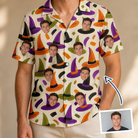 Man wearing Men's Samhain Silhouettes Custom Face Hawaiian Shirt — custom faces printed all-over
