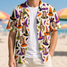 Man wearing Men's Samhain Silhouettes Custom Face Hawaiian Shirt open over a white tee