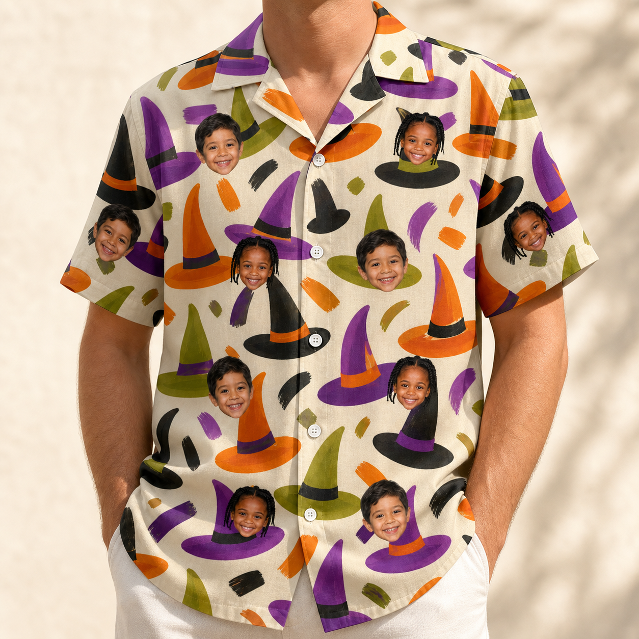 Model wearing Men's Samhain Silhouettes Custom Face Hawaiian Shirt printed with kids' faces