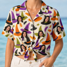 Woman wearing Women's Samhain Silhouettes Custom Face Hawaiian Shirt tied at the waist