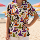 Model wearing Women's Samhain Silhouettes Custom Face Hawaiian Shirt printed with kids' faces