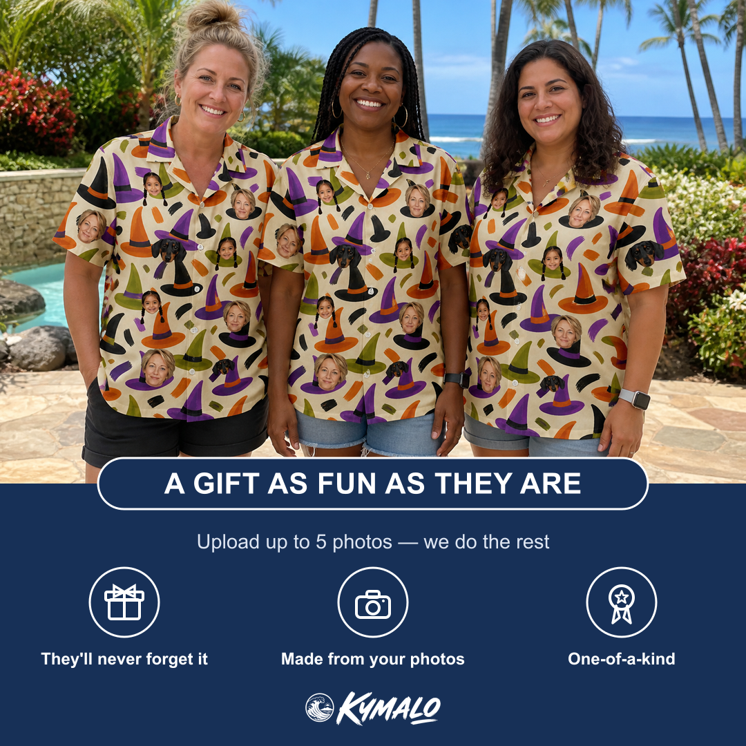 Friends in matching Women's Samhain Silhouettes Custom Face Hawaiian Shirt — a group gift photo