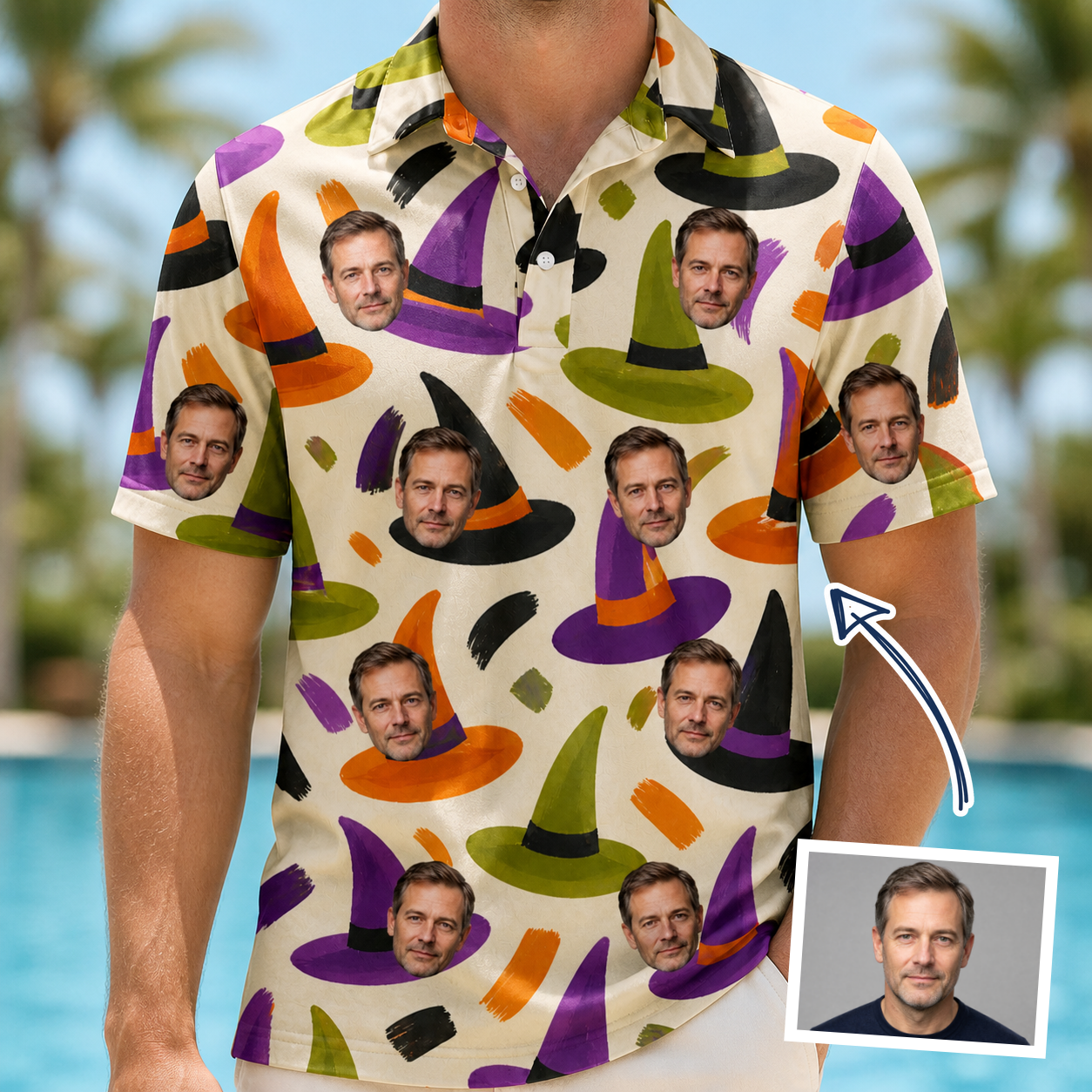 Man wearing Men's Samhain Silhouettes Custom Face Polo Shirt — custom faces printed all-over