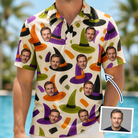 Man wearing Men's Samhain Silhouettes Custom Face Polo Shirt — custom faces printed all-over